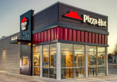 Pizza Hut exterior of newly remodeled restaurant.