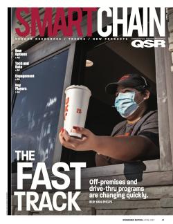 Smart Chain April 2023 cover with quick-service restaurant employee serving items in a drive thru