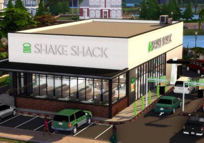 Exterior shot of Shake Shack restaurant in Sims. 